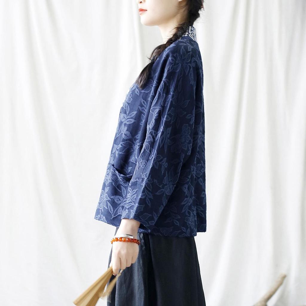 Johnature Women Vintage Jacquard Shirts V-Neck Long Sleeve Navy Blue Autumn Blouses Chinese Style Women Button Shirts