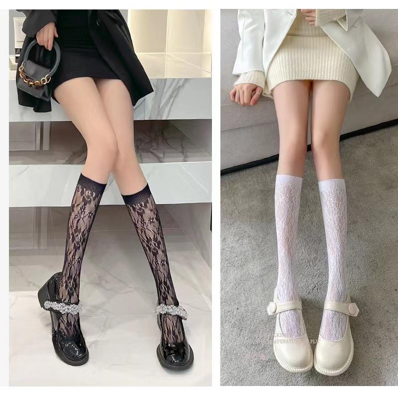 Women Sexy Floral Print Mesh Stockings Knee High Socks Soft Nylon Elastic Fishnet Fashion Long Leg Socks Designer Sheer Socks