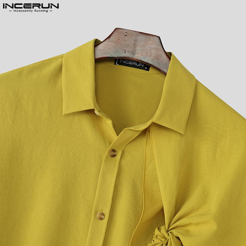 INCERUN Мужские рубашки с воротником-лацканом, коротким рукавом, пуговицами, оборками и слоями в стиле пэчворк, повседневные рубашки-накидки