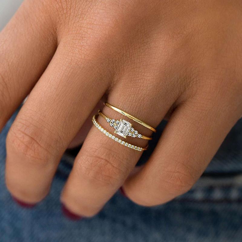 CAOSHI Gorgeous 3Pcs Set Engagement Party Ring with Shiny Cubic Zirconia Gold Color Jewelry for Women Elegant Finger Accessories