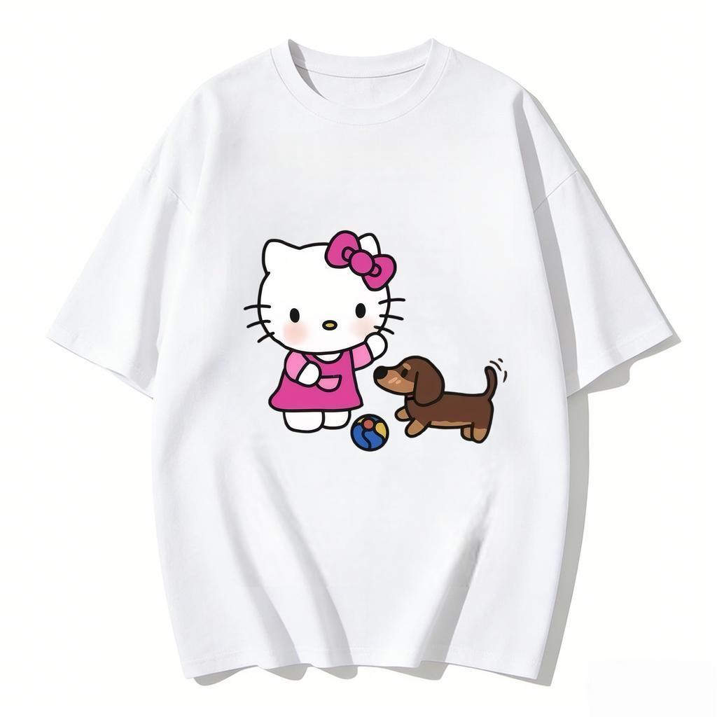 2026 Футболка Hello Kitty из мягкого хлопка с коротким рукавом и круглым вырезом, милый принт, легкий летний топ для женщин, повседневная одежда
