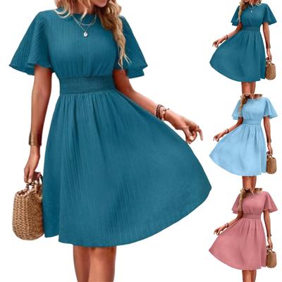 Женское платье с круглым вырезом, полосатое, повседневное платье, рукава-крылышки, эластичная резинка на талии