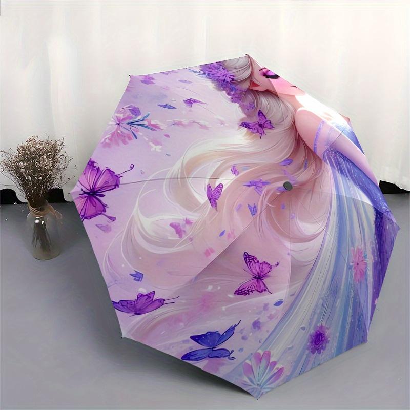 Elsa,Butterflies Themed Automatic Opening and Closing Folding Umbrella, Reinforced 8 Ribs, Compact Travel Design, Fashionable Folding Umbrel