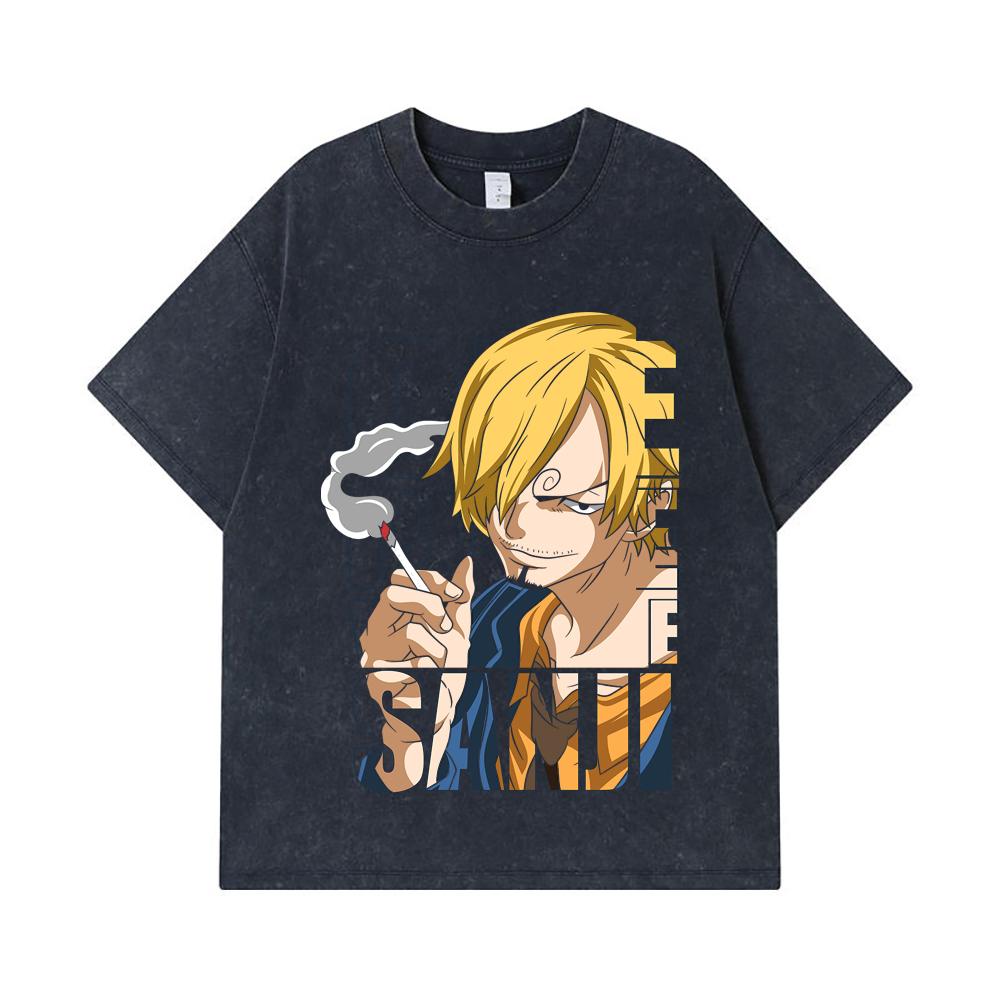 275 GSM Washed T-shirts 100% Cotton One Piece V62 Sanji Print Unisex Heavy Cotton T Shirt