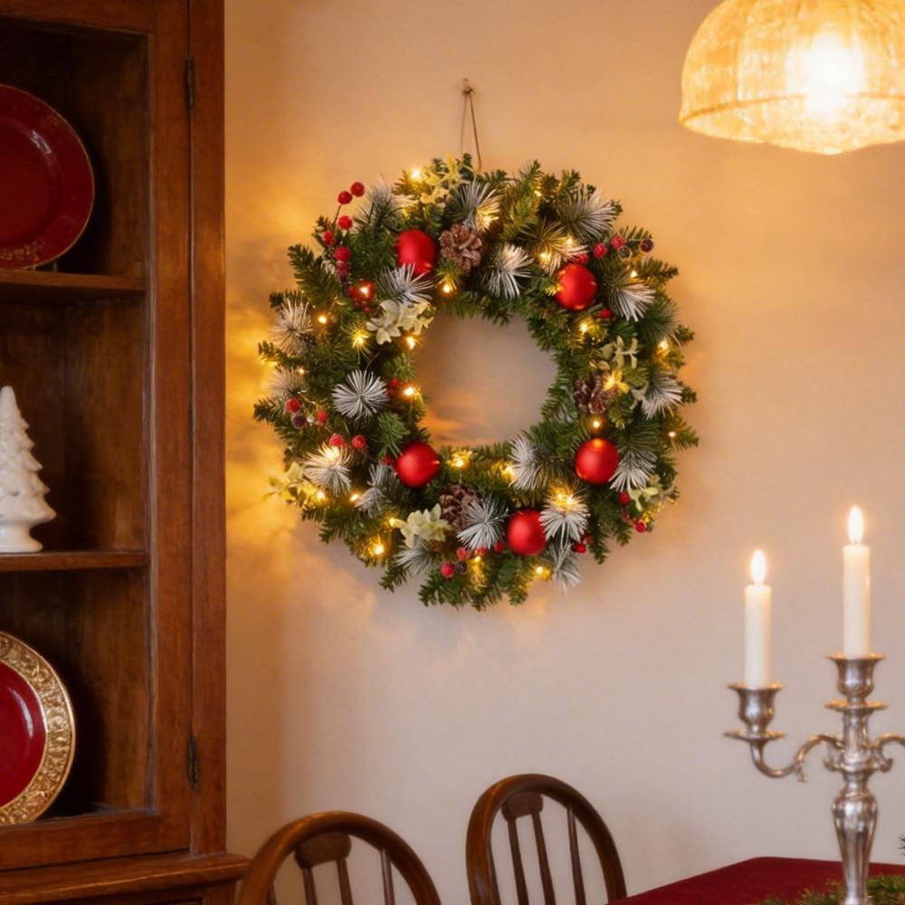 With LED Light Door Hanging Garland Xmas Pine Branches Ring Ornament  Festive Atmosphere Supplies