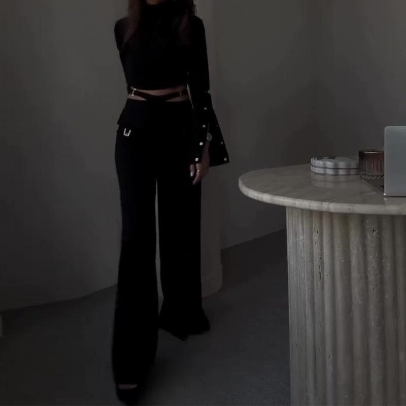 Women's White High Neck Long Sleeve Cropped Top with Button Cuffs and Wide Leg Pants Set