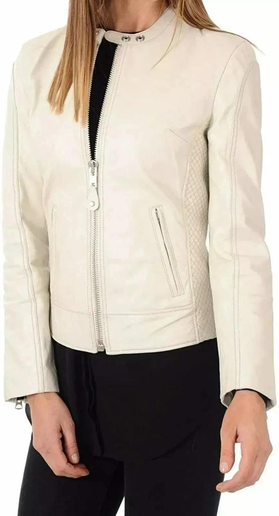 Handmade Casual Motorcycle Women Stylish Jacket Off White Leather Lambskin Soft