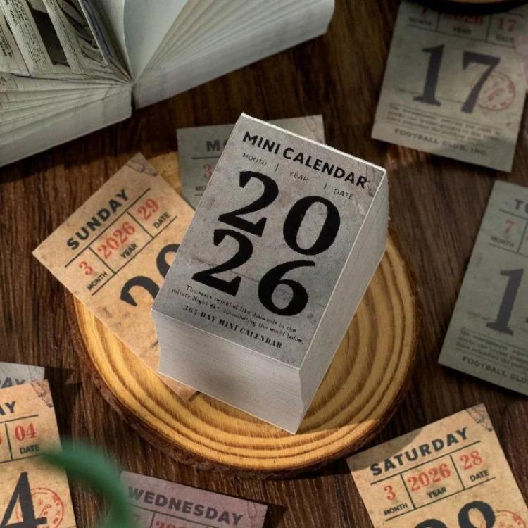 2026 Mini Desk Calendar Vintage Style Page Small Calendar 365 Days with Tear-Off Design Cute Cartoon Office Home Decor Gift