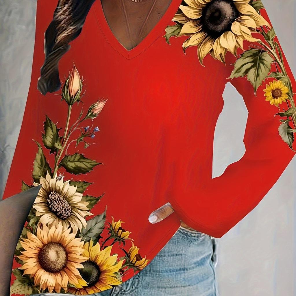 Футболка с длинным рукавом и V-образным вырезом с принтом подсолнуха, футболки в повседневном стиле на весну, удобные женские