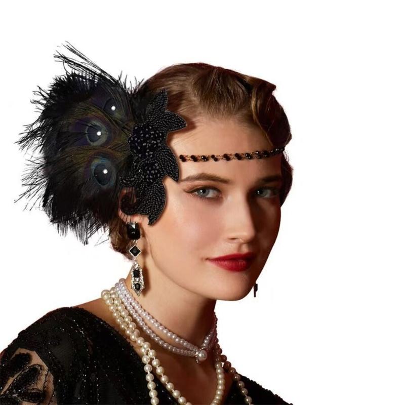 Feathered Headband Headpiece for Women Masquerade Prom Wedding Parties 1920s Flapper Cosplay Accessories