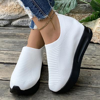 Повседневные кроссовки на толстой подошве с увеличением роста для женщин, легкие дышащие вязаные спортивные туфли, женские слипоны на платформе