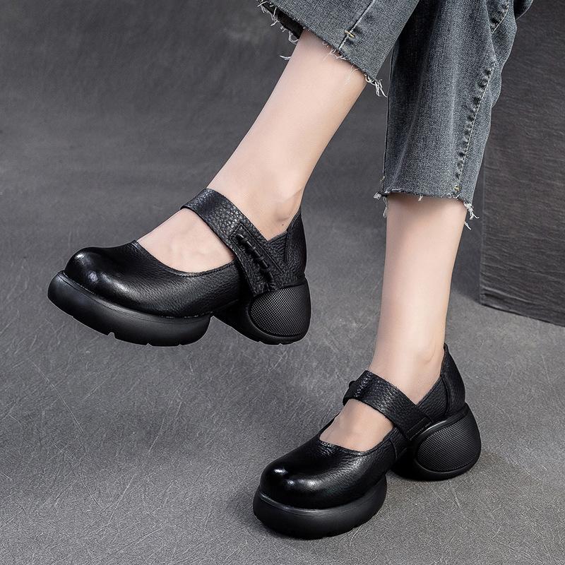 GKTINOO Retro Thick Soled Comfortable Pumps 2025 Autumn New Genuine Leather Round Toe Hook & Loop Women's Shoes