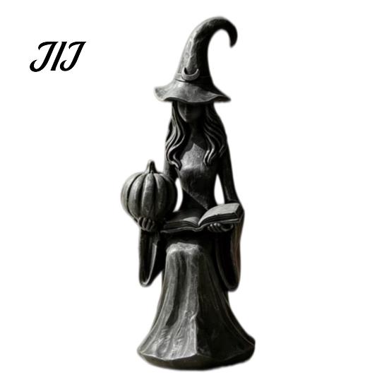 Black Gray Resin Look Sculpture Pumpkin Witch Ornament, Halloween Gothic Style Tabletop Figurine, Retro Lightweight Easy Storage Figurine PLA