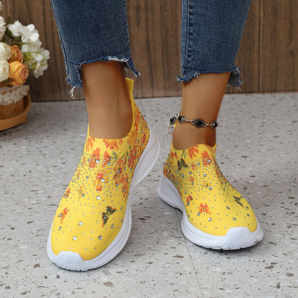 Fashion Flower Print Knitted Sneakers Women Shiny Crystal Breathable Walking Shoes Woman Plus Size 43 Casual Non-Slip Sock Shoes Ladies