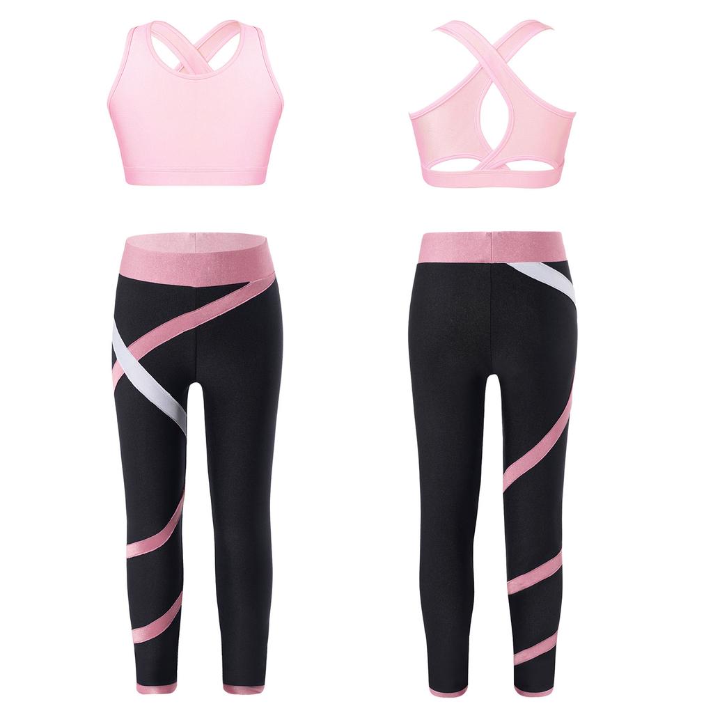 Girls Crop Top U Neck Cross Straps Keyhole Back Sleeveless Color Block Leggings Yoga Sports Set