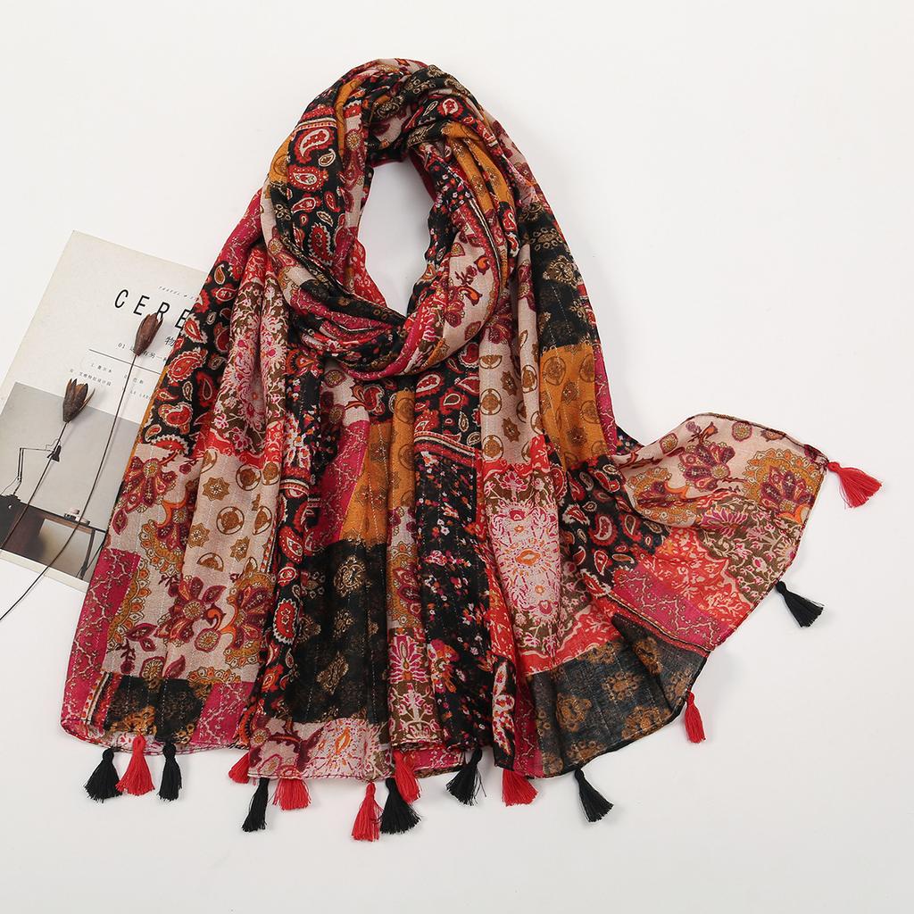 Литературный небольшой свежий хлопковый и льняной ретро-шарф с бахромой, женский напечатанный красивый шелковый шарф, японская солнцезащитная шаль