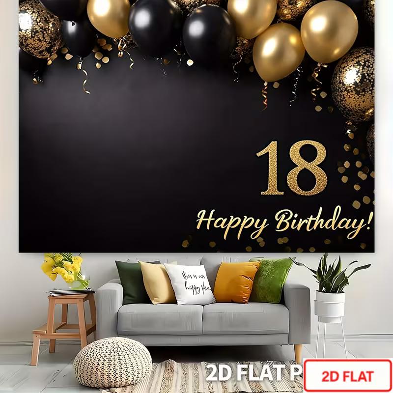 2D Black Gold Glitter 18th Happy Birthday Photography Background Cloth
