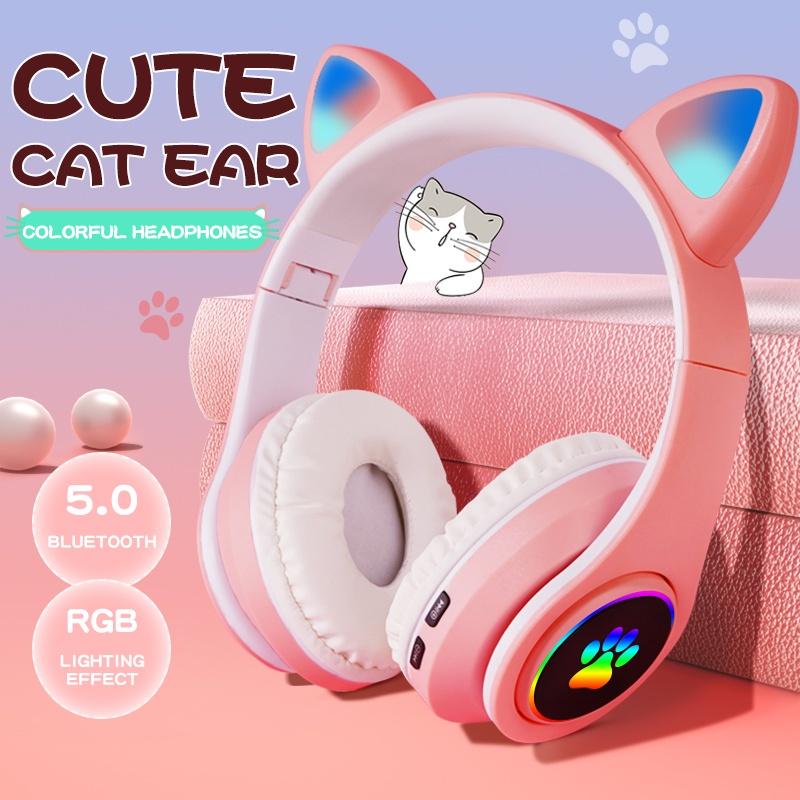 Cute Cat Ear Headphones Bluetooth 5.0 Wireless Game Headset Bass Noise Cancelling Stereo HiFi Music Support TF Card Casco Mic Girl Gift Pink