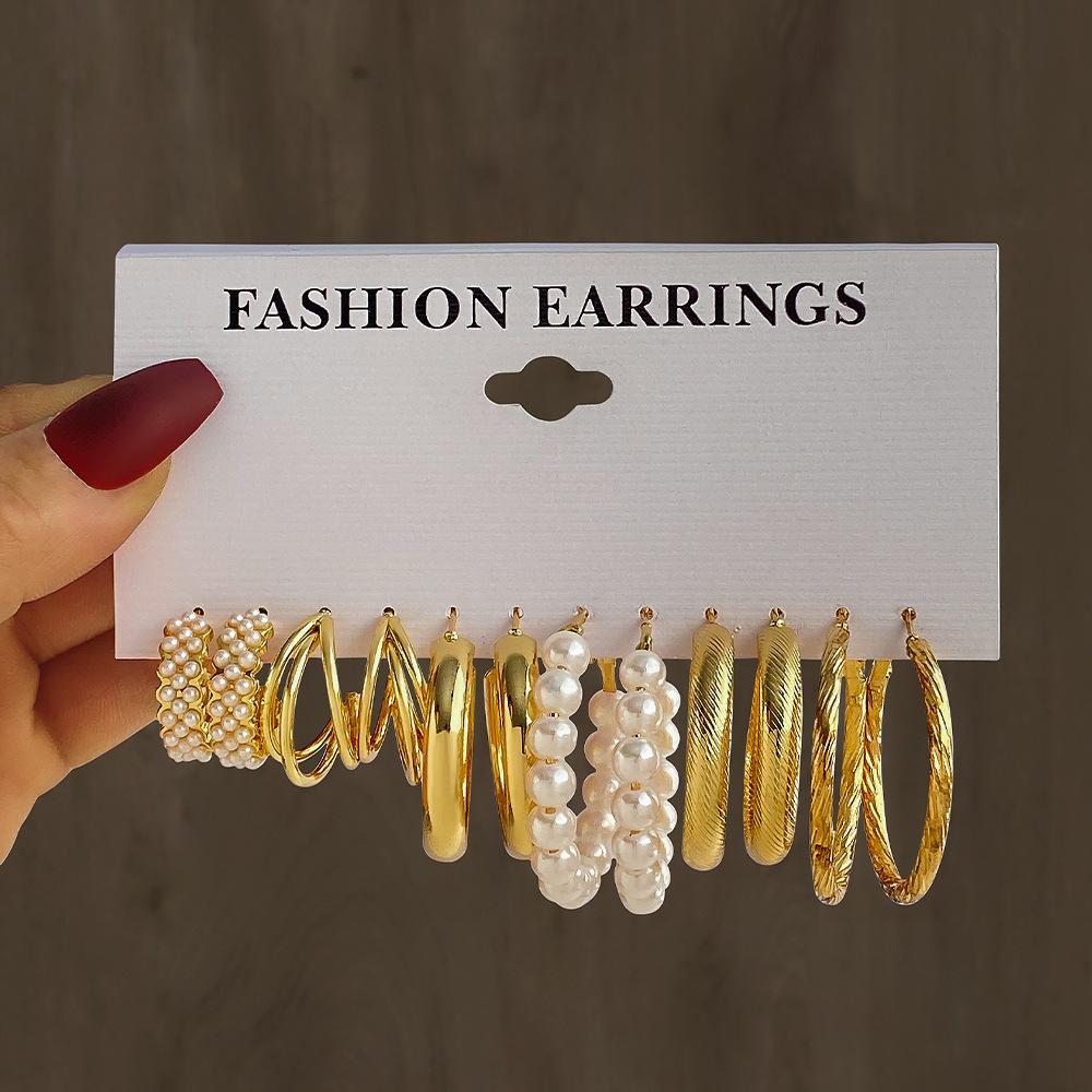 6Pairs Gold Color Vintage Geometry Pearl Earrings Set Metal Chain C shape Dangle Earrings for Women Simple Trendy Party Jewelry