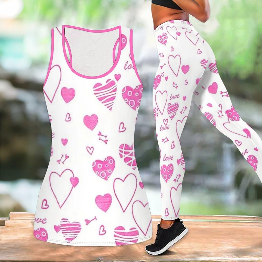 Комплект для йоги с принтом в виде сердечек для женщин, модные леггинсы для тренировок, фитнес, спорт, повседневный набор для йоги, спортивный костюм, эксклюзив ко Дню святого Валентина