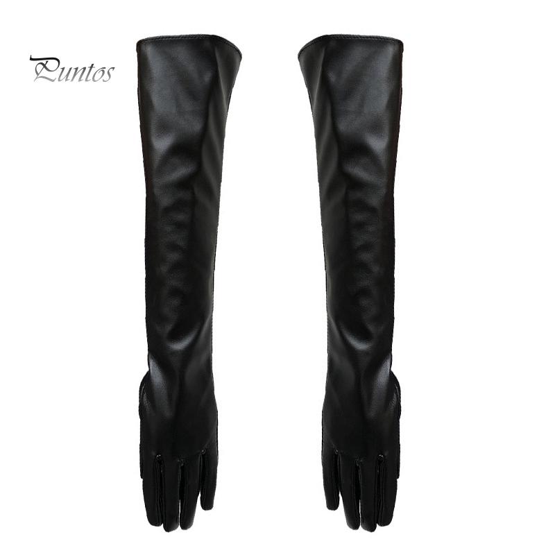 Fashion Lady Solid Color Faux Leather Full Finger Long Arm Gloves Stage Mittens