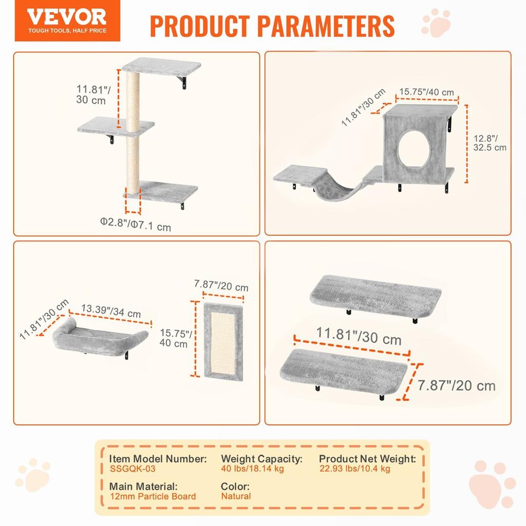 Wall Mounted Cat Shelves Tree with Jump Boards Hammock Sofa Grip Set of 6