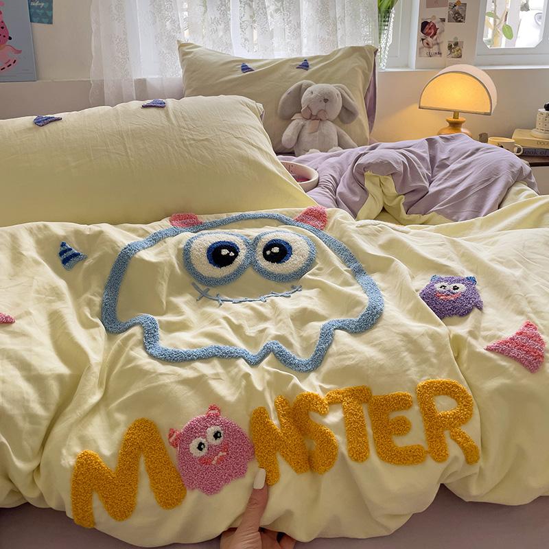 Cartoon Animal Embroidery Bedding Set For Adults Kids Cute Flat Fitted Sheet With Pillowcases Washed Cotton Colorful Full Size