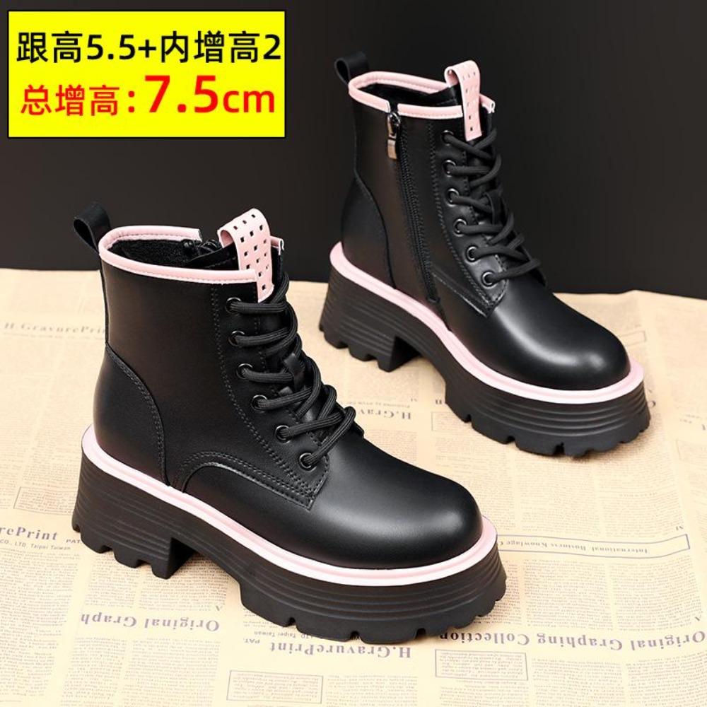 Женская обувь Ботинки Ботильоны Новые осенние британские ветровки Натуральная кожа Толстые с мехом Женские короткие ботинки Мотоциклетные ботинки на каблуках