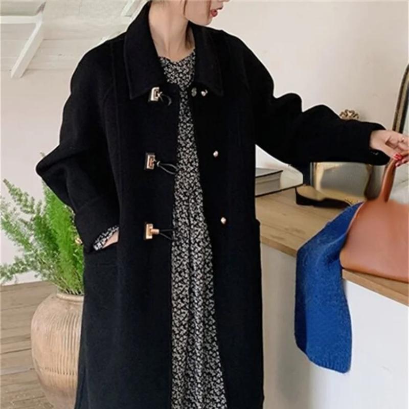 Cotvotee Red Wool Coat Women Autumn Winter 2023 Vintage New Turn Down Collar Long Coats Casual Long Sleeve Horn Button Jacket
