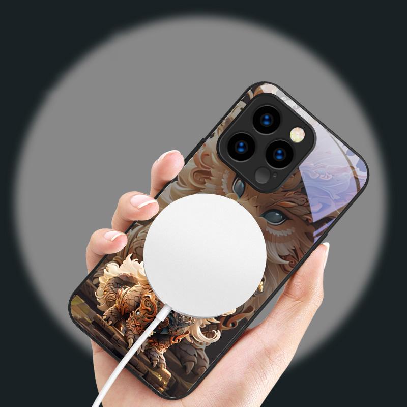 Кирин с развевающимися волосами Подходит для iPhone 16E 17 Pro Max 15 Pro 14 13 Plus 12 mini 11 16 Air 17Pro Магнитный Стеклянный Чехол для Телефона