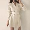 Women Suit Coat Lapel Long Sleeve Belt Suit Jacket with Side Pockets Solid Color Loose Fit Office Lady Outwear