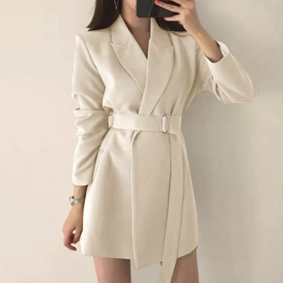 Women Suit Coat Lapel Long Sleeve Belt Suit Jacket with Side Pockets Solid Color Loose Fit Office Lady Outwear