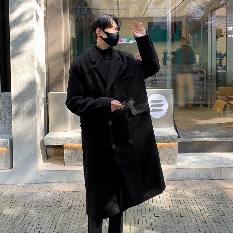 Men's Mid-Length Double-Breasted Woolen Coat with Suit Collar