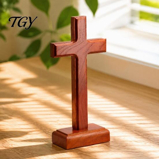 Solid Wood Prayer Symbol Stand Tabletop Ornament, Wooden Standing Christian Gifts, Minimalist Sacred Ornament Religious Faith Decor for Home