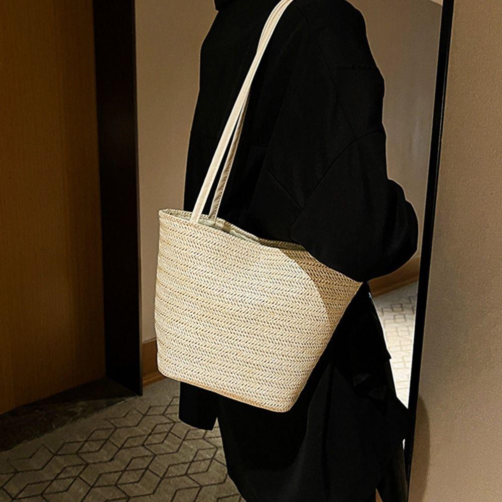 Woven Straw Bucket Bag Solid Color Shoulder Bag Portable Summer Beach Tote Streetwear