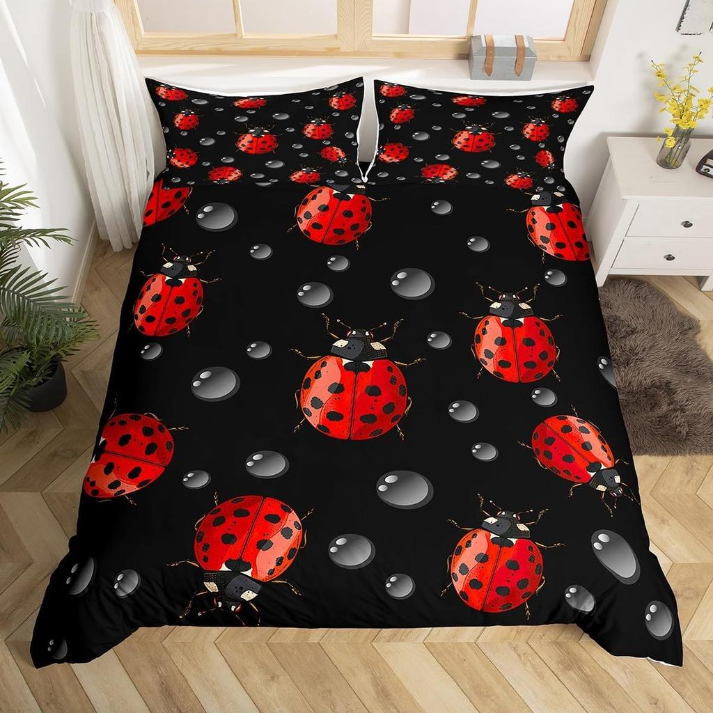 Cute Ladybug Duvet Cover Twin Queen Cartoon Animal Ladybird Insect Bedding Set Kawaii Wildlife Love Heart Print Comforter Cover