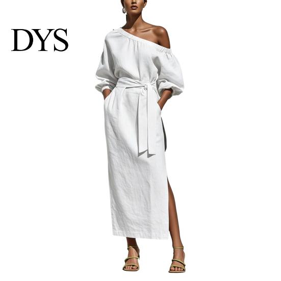 Daily Wear Dress Women One Shoulder Long Dress, Solid Color Tie Waist Side Split Everyday Dresses Casual Party Sleeve Maxi for Summer Office