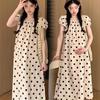 2024 Chic French Maternity Polka Dot Midi Dress with Puff Sleeves