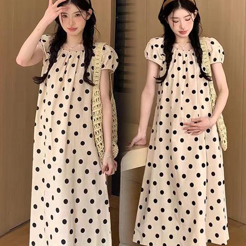 2024 Chic French Maternity Polka Dot Midi Dress with Puff Sleeves