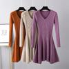 Women Autumn Winter V Neck Solid Color Long Sleeve Slim A Line Chic Knit Sweater Dress