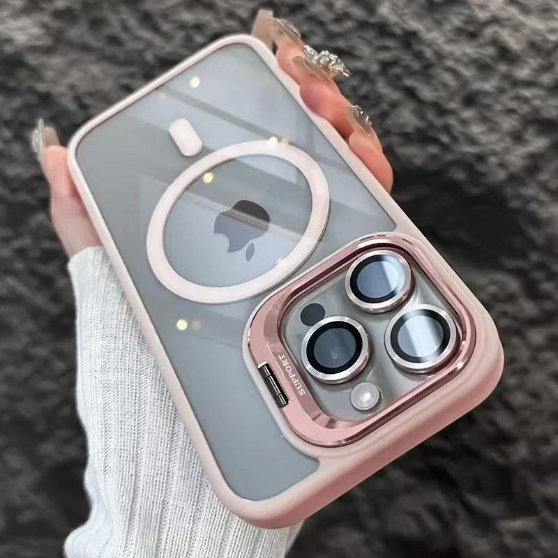 KEYSION Magnetic Transparent Phone Case for MagSafe for iPhone 15 16 Pro Max 16 Plus 16e Lens Protector Metal Stand Shockproof Cover
