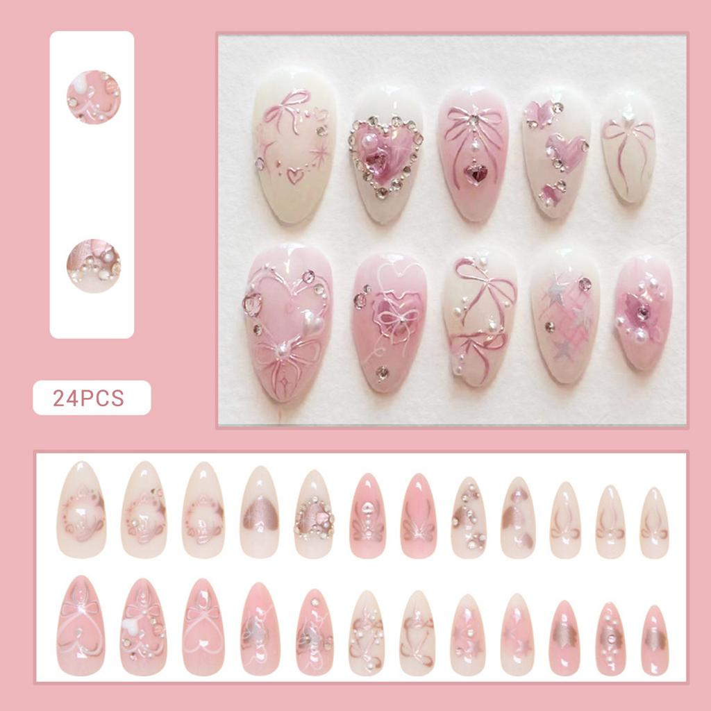 24pcs Wearable Bow Design Press on Nails Simple Pearl Starlight Short Almond False Nails Tips Finished Cat's Eye Fake Nail Sets
