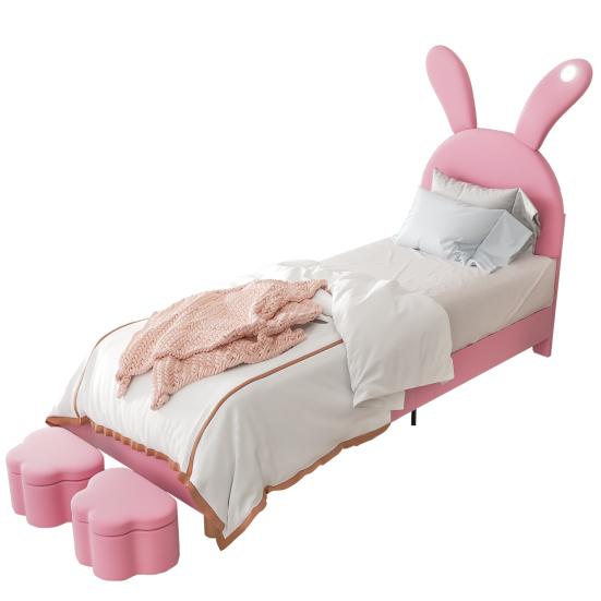 Upholstered Bed 90x200, with Two Storage Stools, LED Bedside Light, Fold-Out Bunny Ears, No Mattress, Youth Bed, Slatted Frame, Height-Adjustable