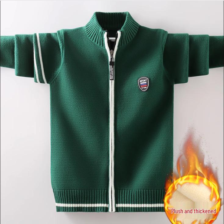 Красный вязаный кардиган на молнии для мальчиков: На флисовой подкладке, из чистого хлопка, толстый шерстяной для осени/зимы