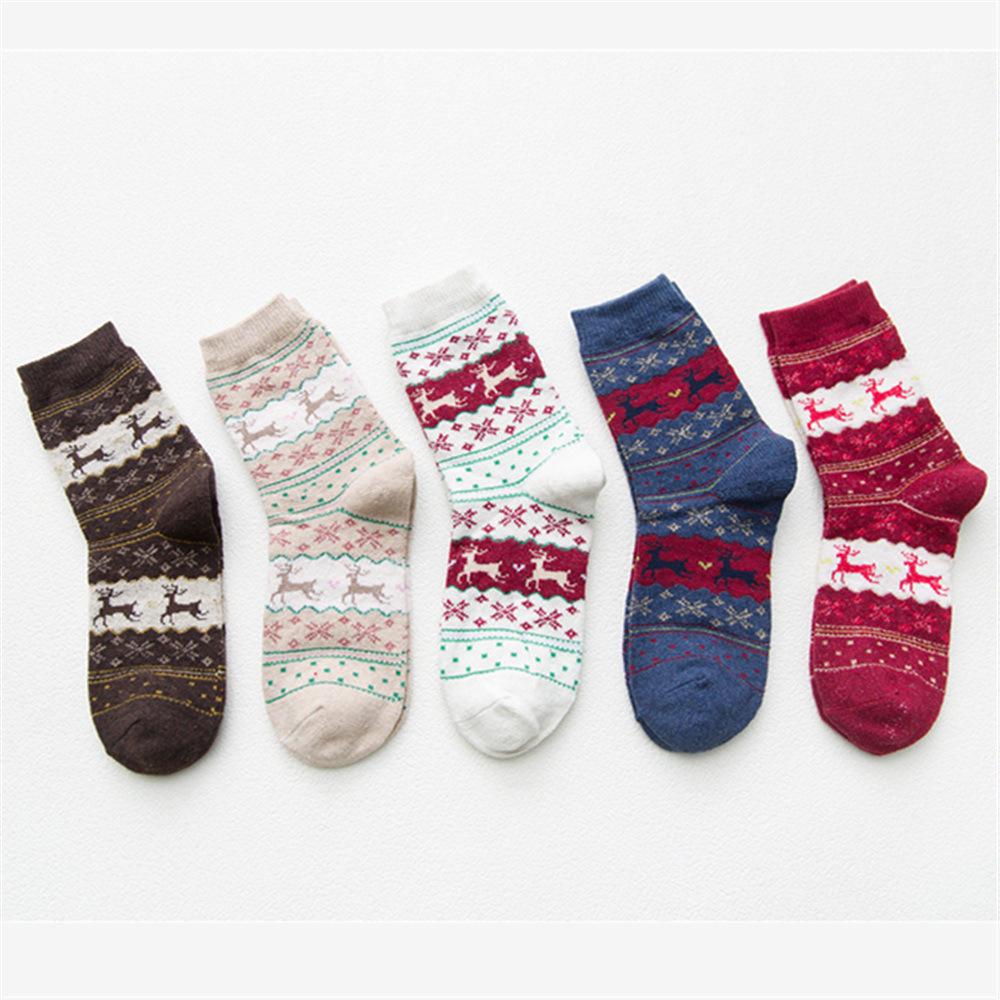 Thicken Women Christmas Socks Warm Rabbit Wool Winter Sock Cotton Casual Fawn Snowflake Pattern Sox