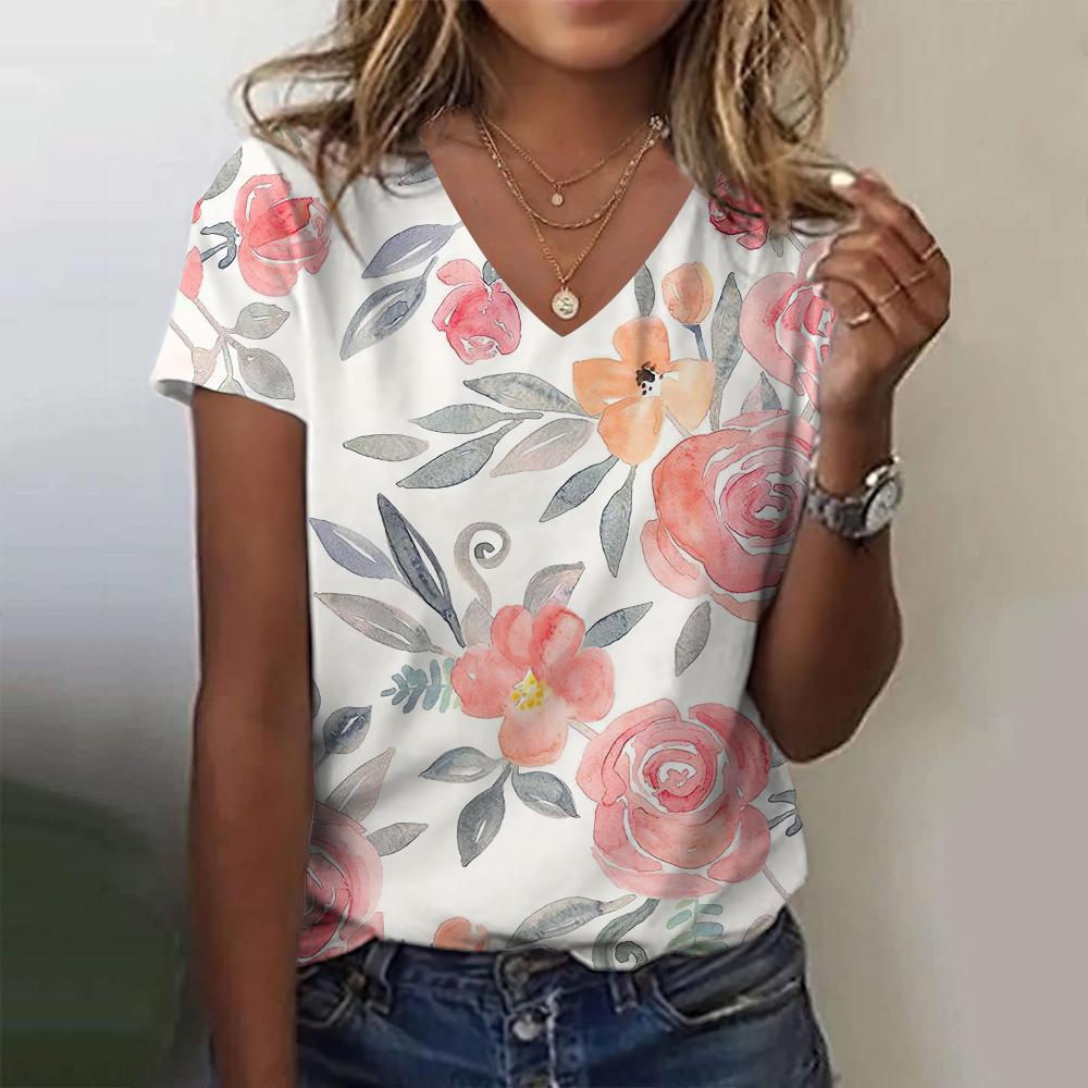 Женская летняя футболка с цветочным принтом 3D-печатью Женский уличный топ Харадзюку с V-образным вырезом Одежда оверсайз
