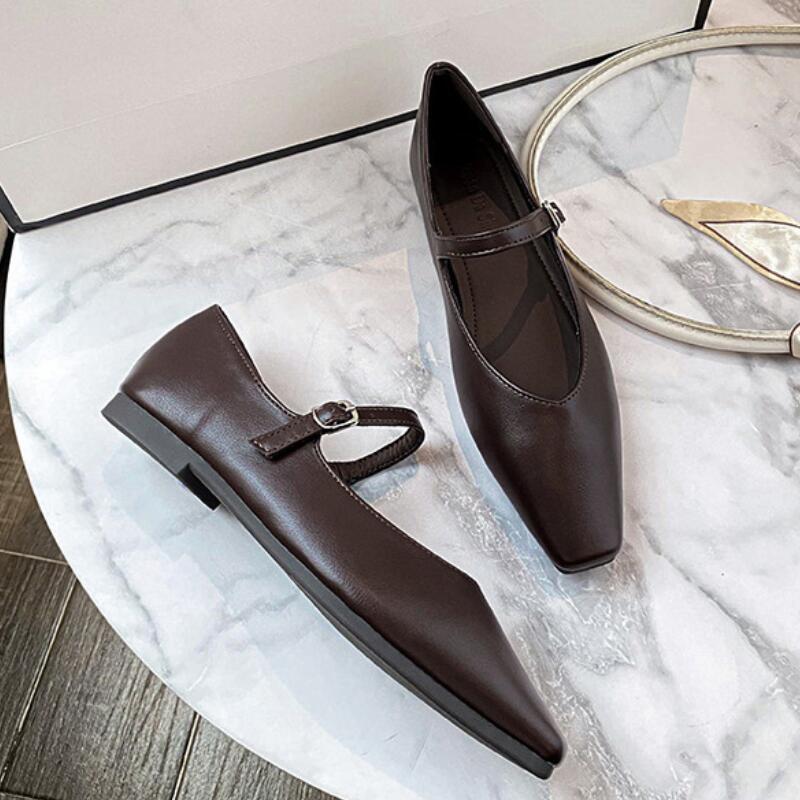 Квадратный носок неглубокие балетки на плоской подошве женские новые повседневные элегантные туфли Мэри Джейн с пряжкой на плоской подошве обувь для платья Mujer
