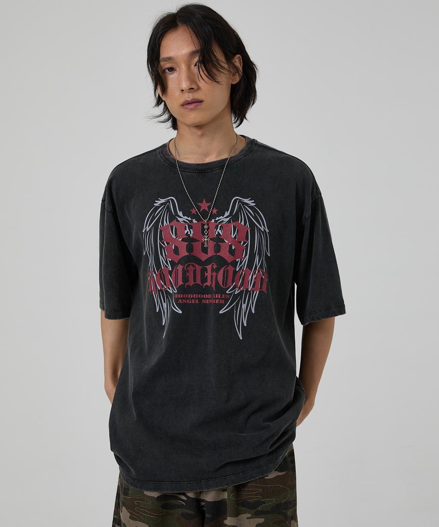 HOODHOOD 888 Angel Graphic Washed Short Sleeve T-Shirt Black