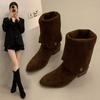 2025Vintage Women Knee High Boots Fashion Square Low Heel Shoes Concise Slip On Slim Long Botas De Mujer