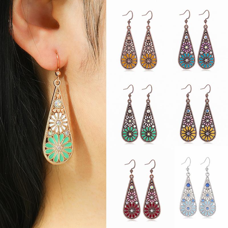 Fashion Ethnic Boho Enamel Flower Long Drop Dangle Earrings For Women Rhinestone Geometric Waterdrop Vintage Wedding Jewelry
